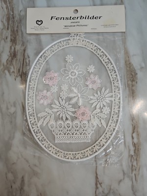 Vintage Fensterbilder Window Picture Flower Bouquet Basket Easter NOS Lace