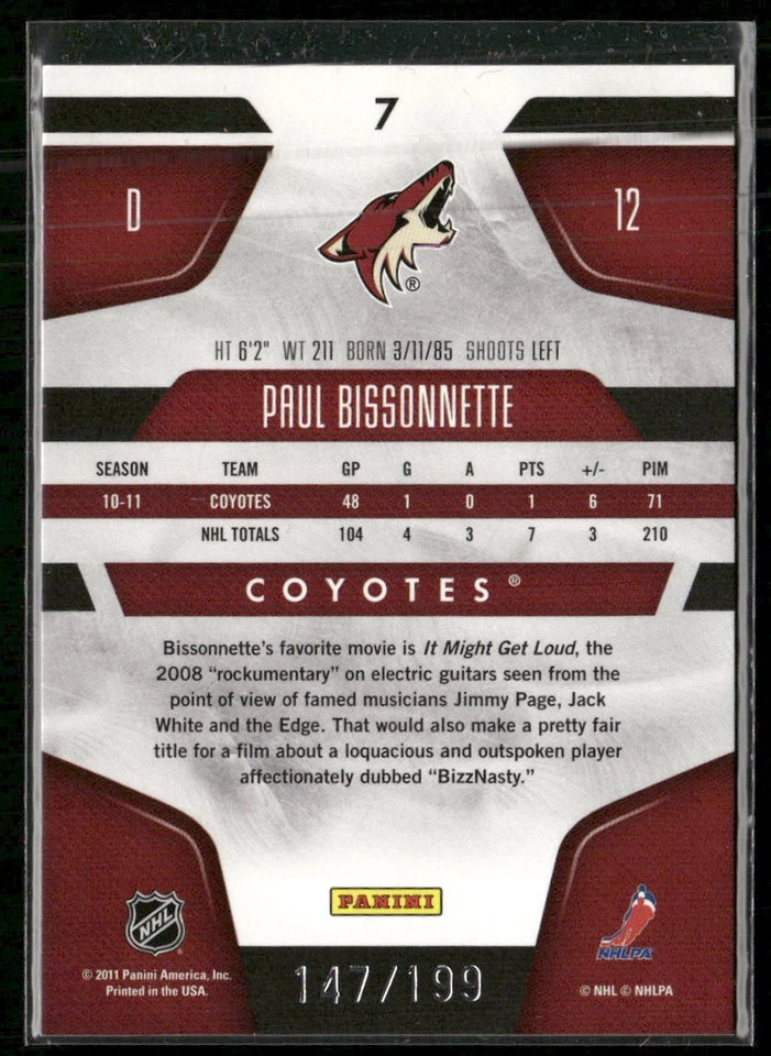 2011-12 Panini Certified Paul Bissonnette Mirror Red /199 #7 Phoenix Coyotes - Image 2 of 2