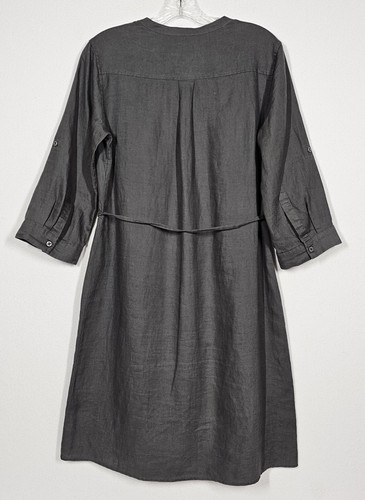 Abito Camicia Grigio 100% Lino Bottoni Piccola Cravatta Vita Minimalista Classico Ufficio - Foto 3 di 7