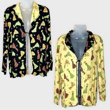 CITRON reversible black/yellow silk ladies in dresses print tie front top size M