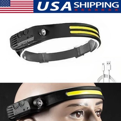 COB LED Headlamp USB Rechargeable Headlight Bar Head Band Torch Work Light 6000K