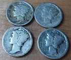 MERCURY DIMES 90% SILVER LOT OF FOUR [4] 1917, 1918-D, 1919, 1920 GOOD +    1161