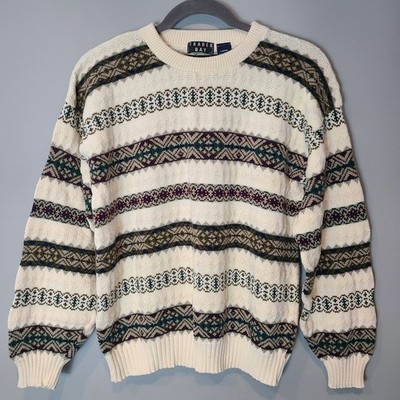 VTG 90s Trader Bay Mens Sweater L Fair Isle Ski Crew Neck Nordic Cotton
