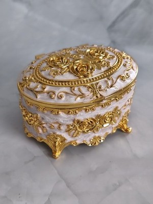 Schmuckdose Im Vintage/Barock Stil, Risrnmotiv, Weiß(Rose)/Gold Ovale Form 