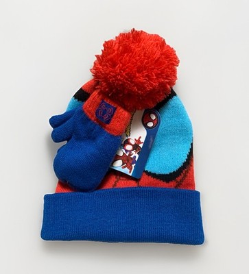 NEW Marvel SPIDEY Boys' 2pc Red/Blue Knit Beanie Hat & Mittens Set OSFM