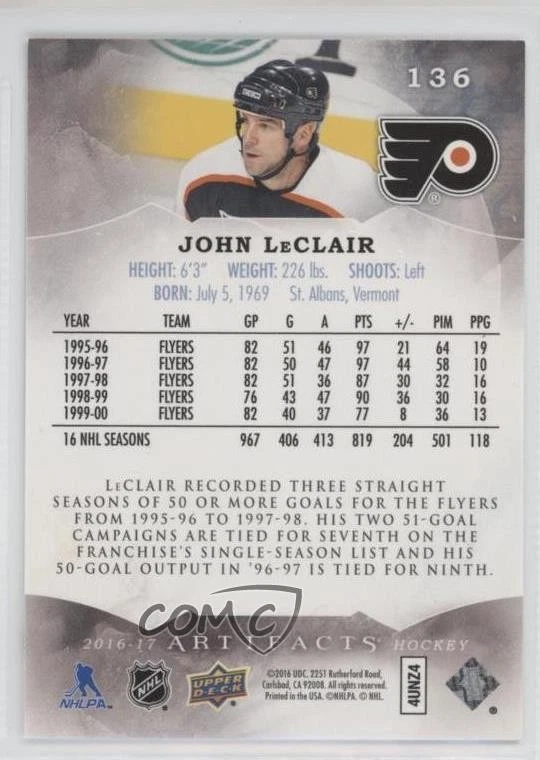 2016-17 Upper Deck Artifacts Legends /499 John LeClair #136 - Image 2 of 2