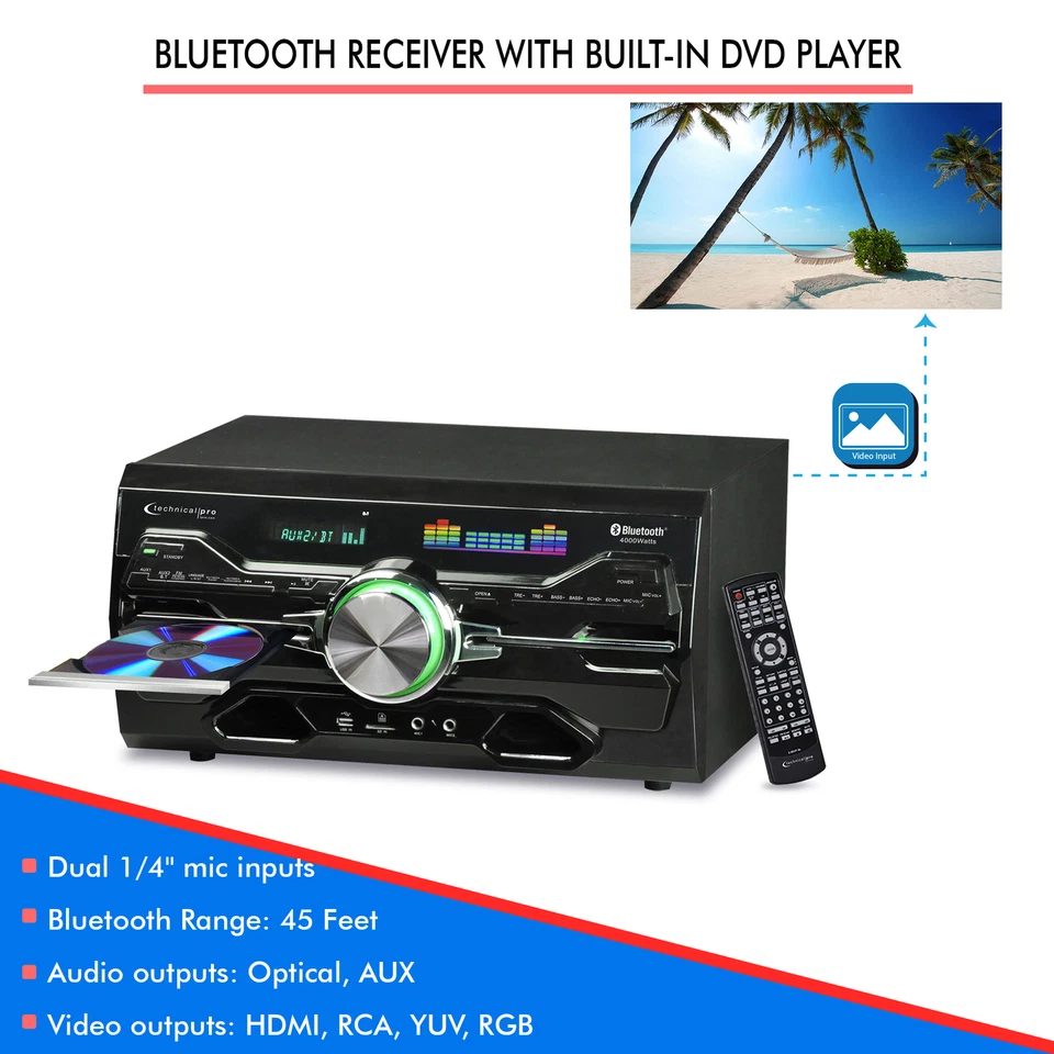 Technical Pro 4000 Watts Bluetooth Home Audio Receiver with Built-in DVD Player - Image 4 of 4