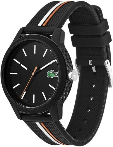 Lacoste 12.12 Men s Black Silicone Orange Stripe 42 mm Watch NIB