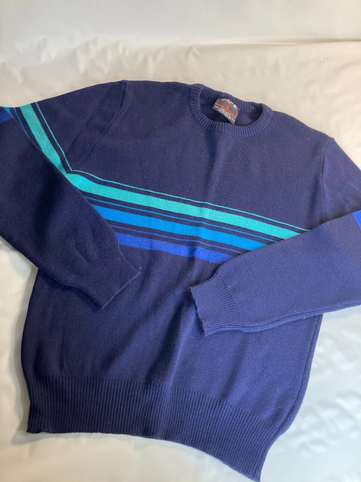 DEMETRE Blue striped wool ski sweater Medium tag vtg 70s 80s