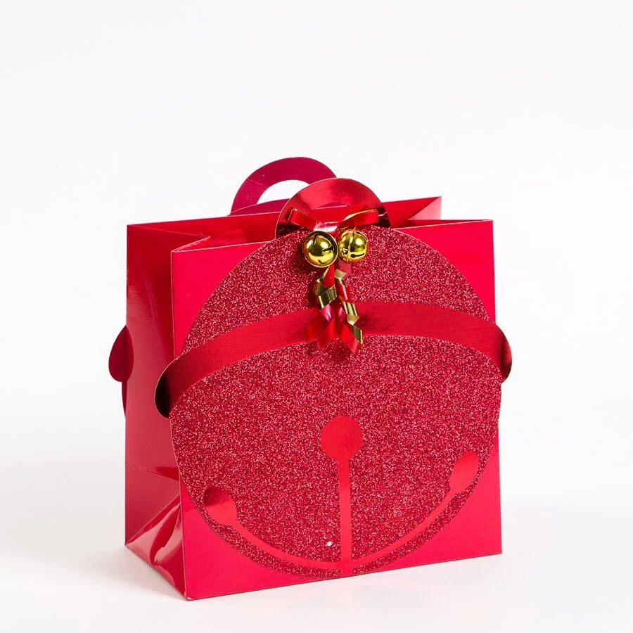 New Papyrus Red Glitter Jingle Bell Christmas Shaped Gift Bag with