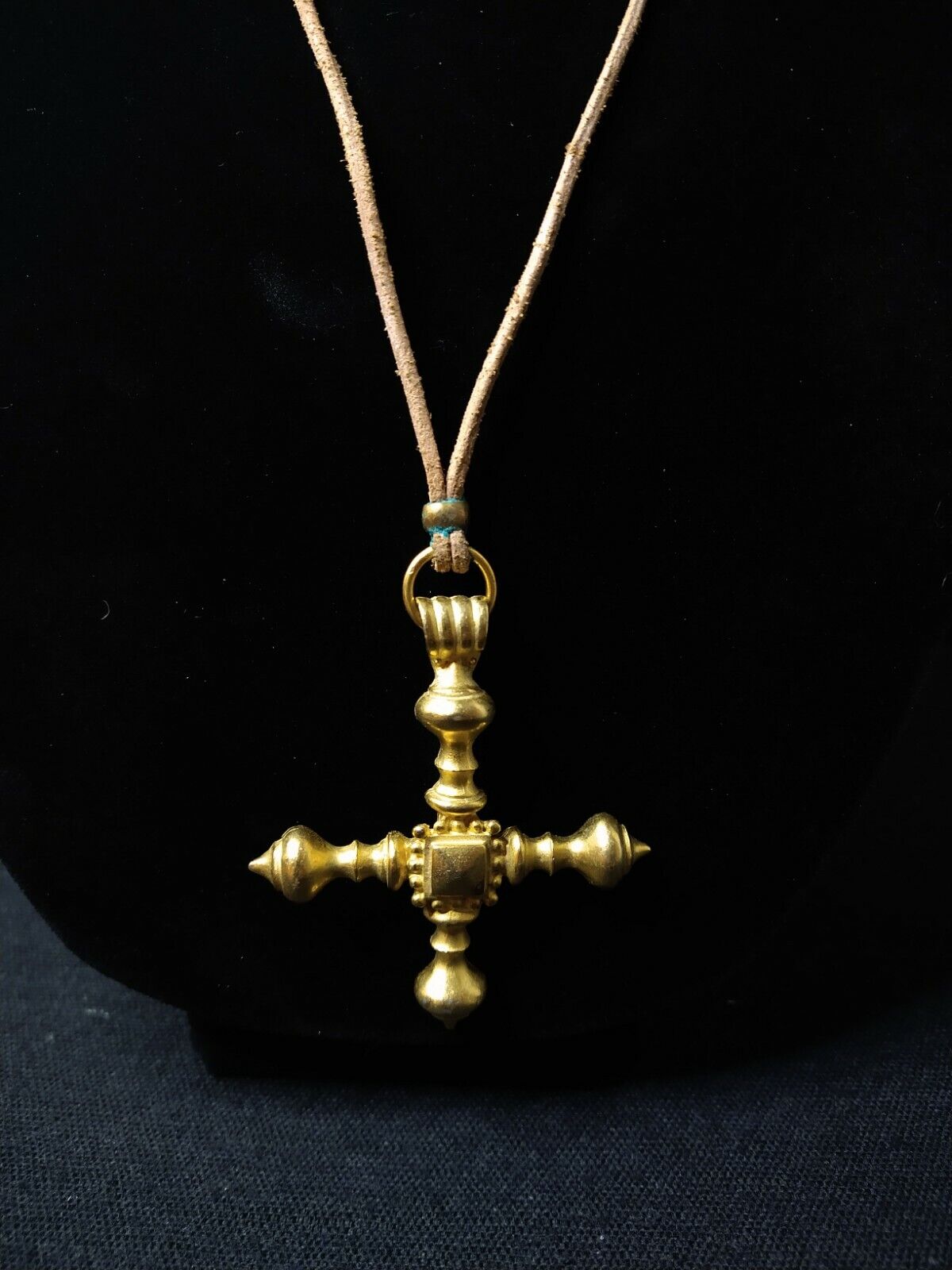 Vintage C Stein Brass And Leather Cross Necklace - image 1