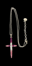 Fashion Necklace Pendant- CROSS - pink and clear crystals- silver color chain