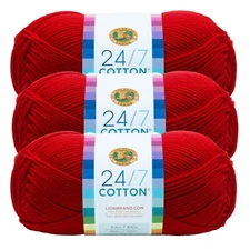 (3 Pack) Lion Brand Yarn 761-113B 24/7 Cotton® Yarn, Red