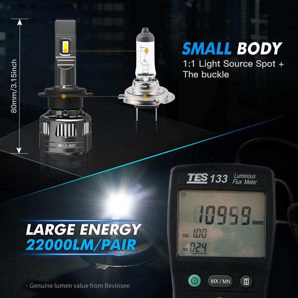 Bevinsee V45 H7 LED Headlight Bulbs Kit 22000LM 120W High Low Beam White 6000K - Image 3 of 4