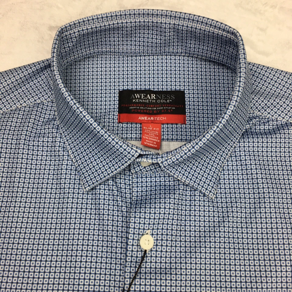 Camisa de Vestir Kenneth Cole AWEARNESS Para Hombres Grande Estampado Azul Calce Ajustado Elastizada ¡NUEVA CON ETIQUETAS! Foto 2 de 4
