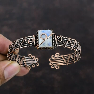 Rainbow Moonstone Jewelry Copper Birthday Gift Wire Wrapped Adjustable Bangle - Image 1 of 4