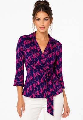Diane von Furstenberg DVF Wrap Blouse Navy Pink Chain Print Tie Waist Size 10