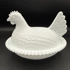 Vtg 70s Indiana Glass Milk Glass Hen on Nest 7" with Beaded Rim Circle On Back