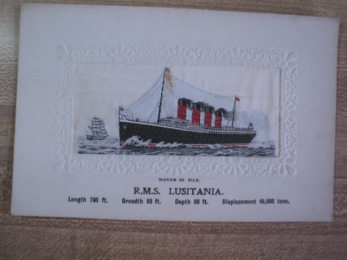 SELTENE STEVENS SEIDENGEWEBTE POSTKARTE R.M.S. LUSITANIA CUNARD STEVENGRAPH unbenutzt - Bild 1 von 2