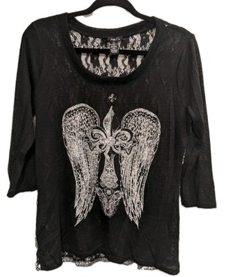 Rue 21 Women s Black Lace Long Sleeve Shirt Size XL Sequins Rhinestones Goth 