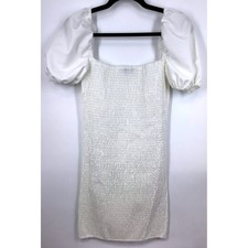 PrettyLittleThing White Smocked Puff Sleeve Square Neck Mini Dress Size 6