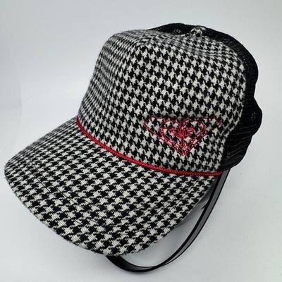 Y2K Roxy Womens Houndstooth Trucker Hat Black White Red Logo Snapback Mesh Cap
