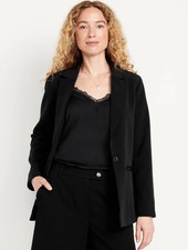 Women's Black Notch Lapel Single-Breasted One-Button Blazer Jacket Long Sleeve