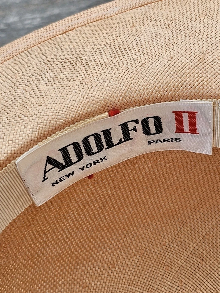 Vintage Adolfo II Wide Brim Straw Floral Hat  Pink Velvet Ribbon White Flowers  - Image 3 of 4