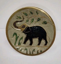 Vintage Brass Elephant Decorative Plate w Fixed Stand Hand Painted Enamel 5"