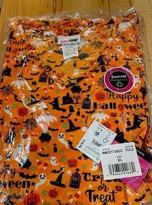 Scrubstar SZ XL Halloween Pumpkin  Ghost Witch Web Nurse Uniform Scrub Top