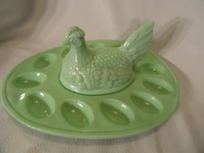 Vintage L E Smith Jadeite Chicken Hen on Deviled Egg Dish Green Milk glass