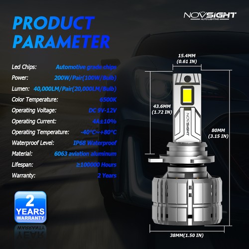 NOVSIGHT 9012 HIR2 LED Headlight Bulbs High Low Beam 40000LM 6500K Super Bright - Picture 7 of 12
