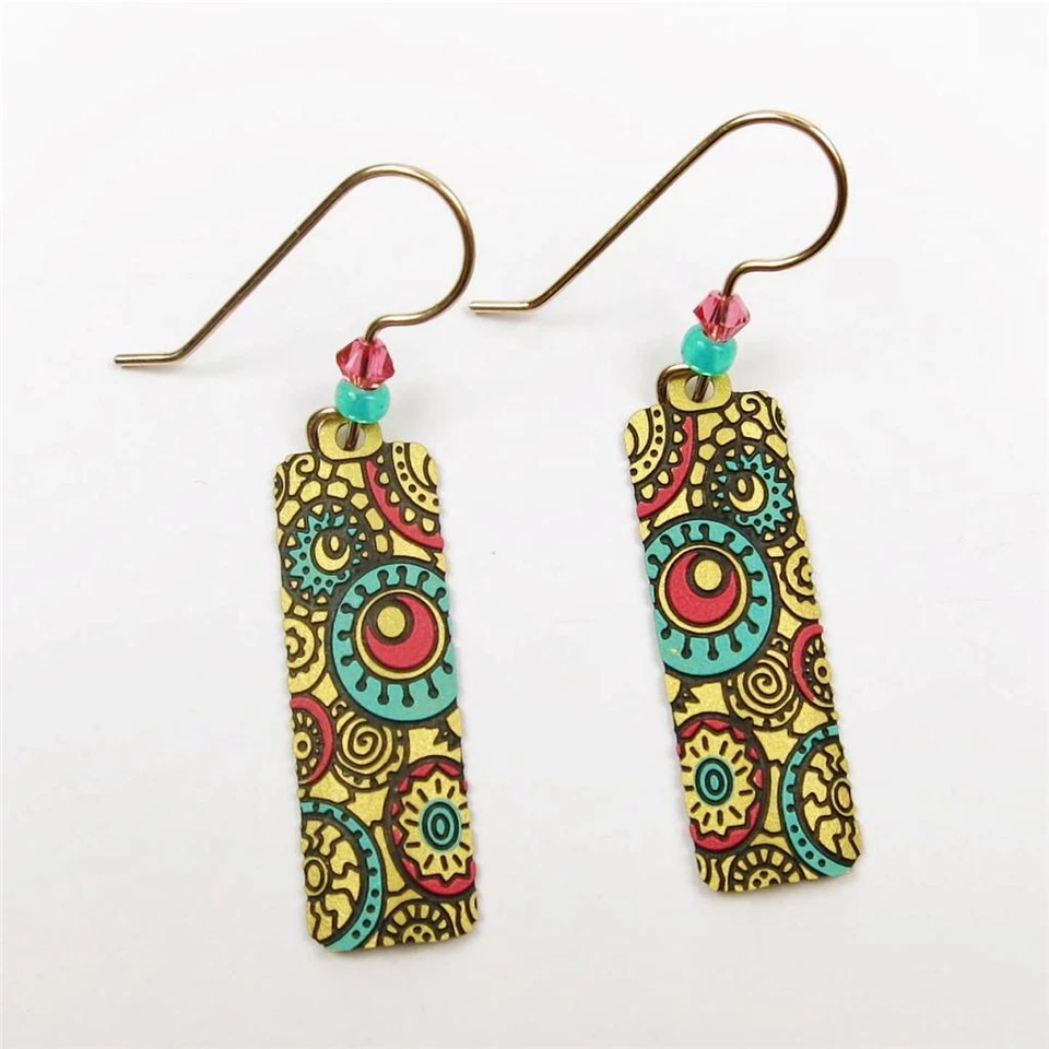 Brincos Adajio coluna bronzeada com padrão circular em turquesa e salmão feitos à mão - Imagem 3 de 4