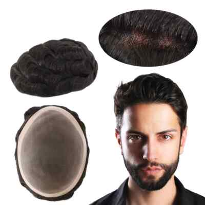 Mens Human Hair Replacement Systems Indian Remy Fine Mono Toupee Hairpieces 9X11