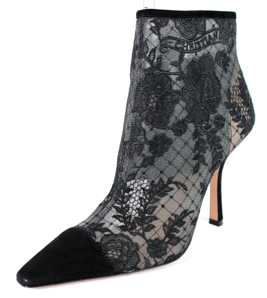 Bottines CHRISTIAN DIOR noires dentelle daim bout pointu talon aiguille 39