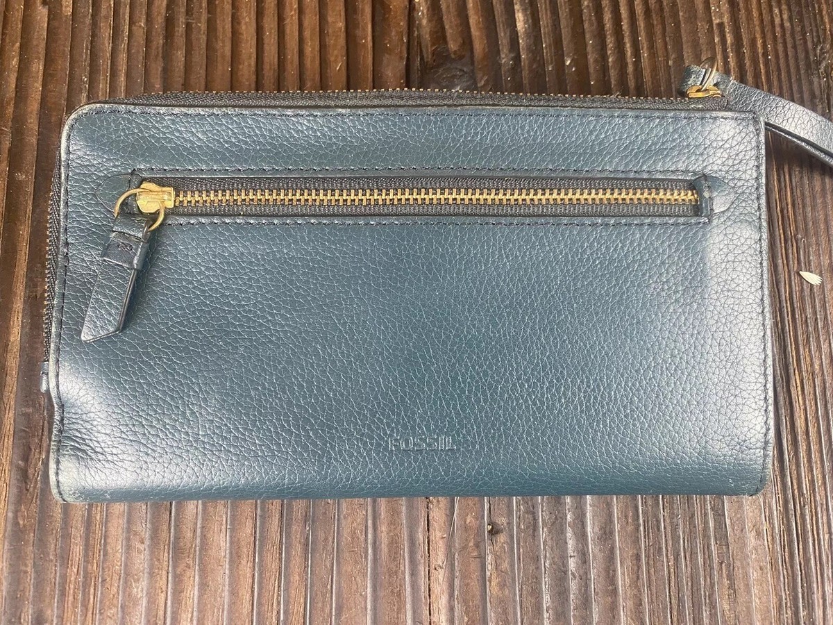 Fossil Pebbled Teal Green Leather Fiona Tab Clutch Wallet