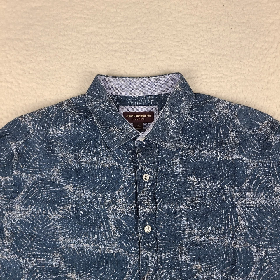 Johnston Murphy Dress Shirt Mens Large Blue Geometric Linen Hawaiian Button Up - Image 2 of 4
