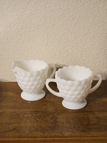 Anchor Hocking White Milk Glass Hobnail Footed Sugar And Creamer Set Vintage