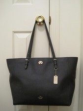 COACH 36454 Turn lock Top Zip Large Tote Dark Navy Blue Leather Bag VGUC
