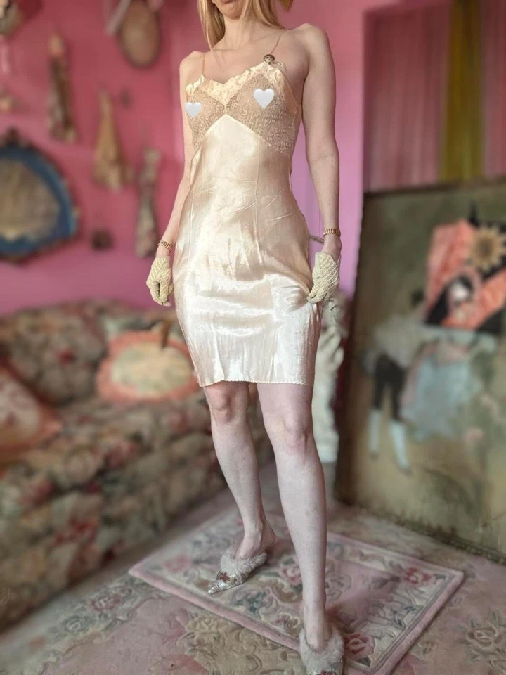 Antique Bias Cut Buttery Satin & Lace Slip Dress, Size M-L - Image 2 of 4