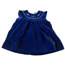 Friedknit Creations Baby girls dress Blue Velvet Smocked 18 months Cotton Flower