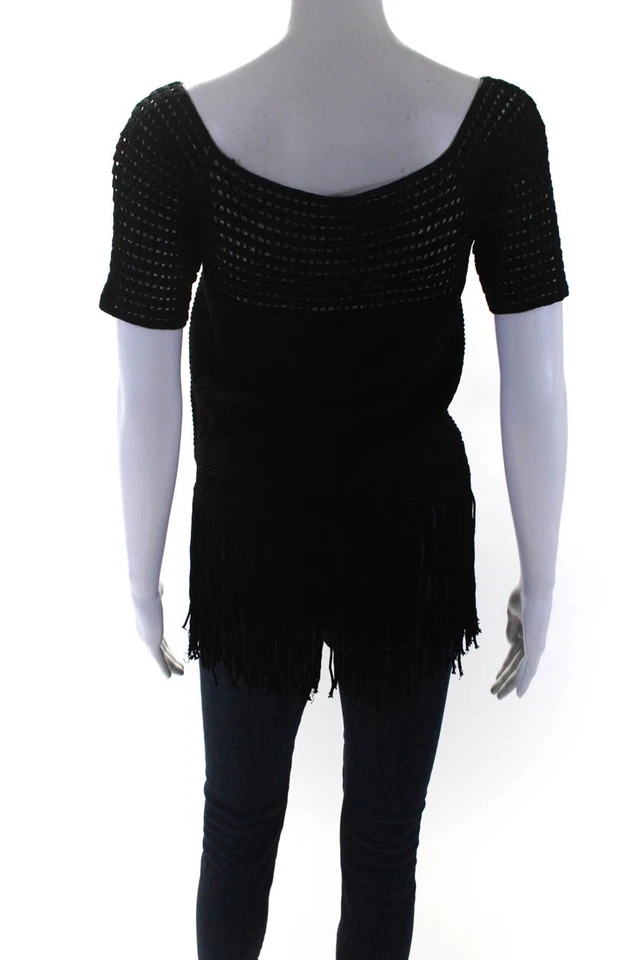 Blusa Top Yoana Baraschi Mujer Negra Tejido Abierto Borde Flecos Manga Corta Talla XS Foto 3 de 4