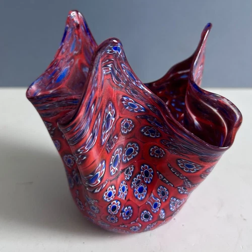 VTG Italian Murano Millefiori "Thousand Flowers" Art Glass Origami Vase red