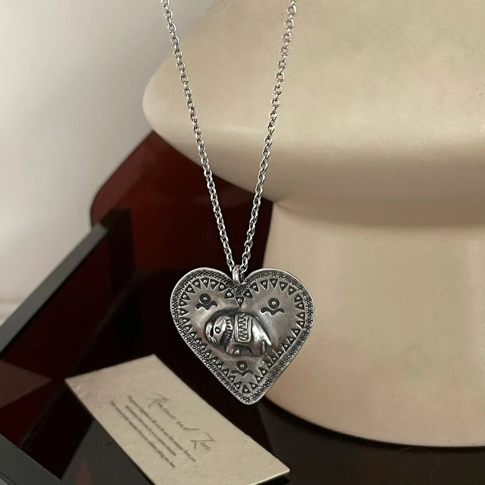Collar llamativo vintage boho colgante corazón elefante plata S925 hecho a mano tailandés Foto 4 de 4