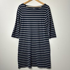 Garnet Hill Shift Dress Navy Gray Stripe 3/4 Sleeve Cotton Nautical Prep Coast 8