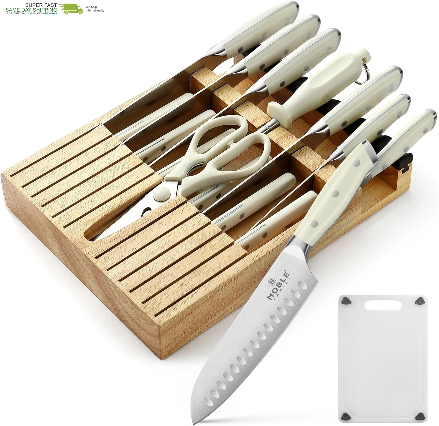 In-Drawer Knife Block Set, 16PCS Kitchen Knife Set with Wooden Block, Chopping K