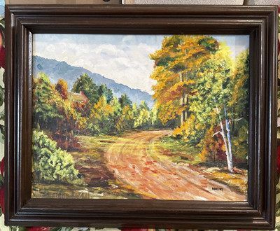 Original Fall Autumn Pathway~Trees Framed Oil Painting on Board Signed M MERY?