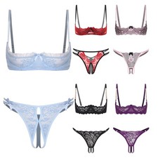 Women Sheer Lace Lingerie Set 1/4 Cup Push-up Bra Tops Underwired Alluring Night