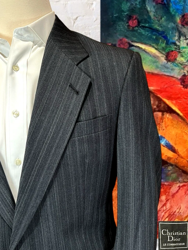 Vintage Christian Dior Mens 40R 32x29 Charcoal Gray Multi-Stripe Designer Suit - Image 4 of 4
