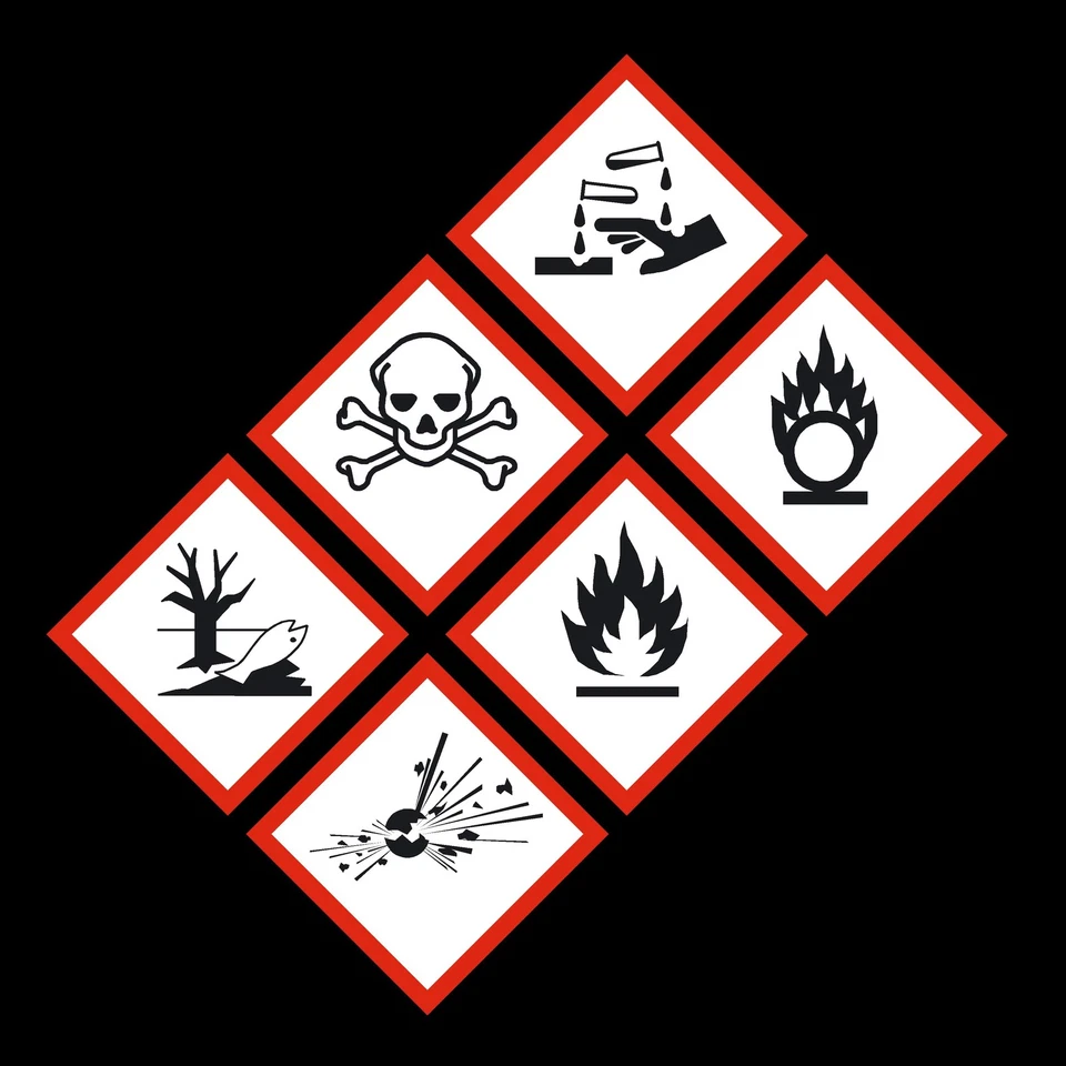 HEALTH&SAFETYDIRECT GHS Hazard Warning Stickers - 50mm x 50mm - Gas, Explosive, Corrosive, Flammable